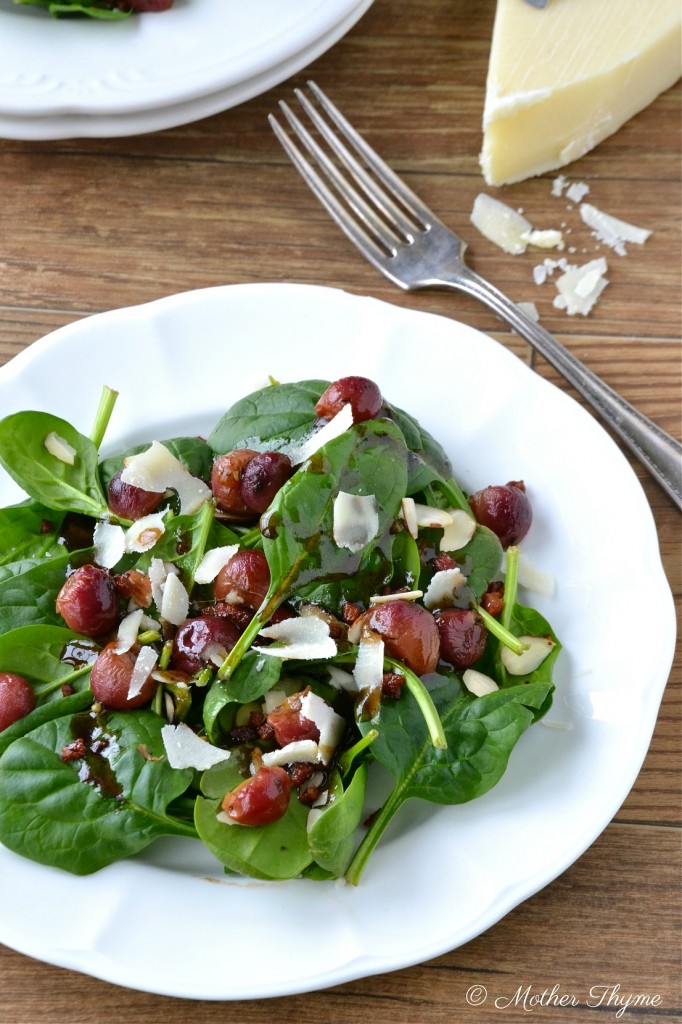 Spinach Salad with Roasted Grapes and Warm Balsamic Dressing | www.motherthyme.com