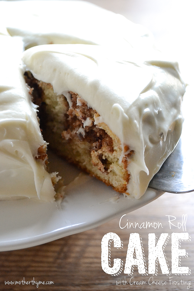 Cinnamon Roll Cake with Cream Cheese Frosting | www.motherthyme.com