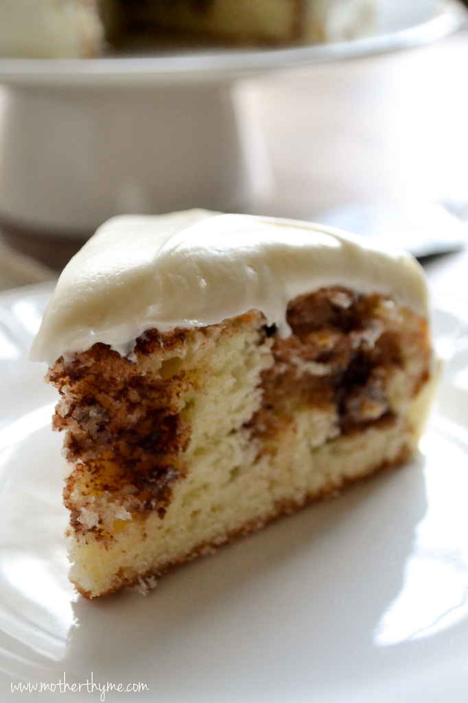 Cinnamon Roll Cake with Cream Cheese Frosting | www.motherthyme.com