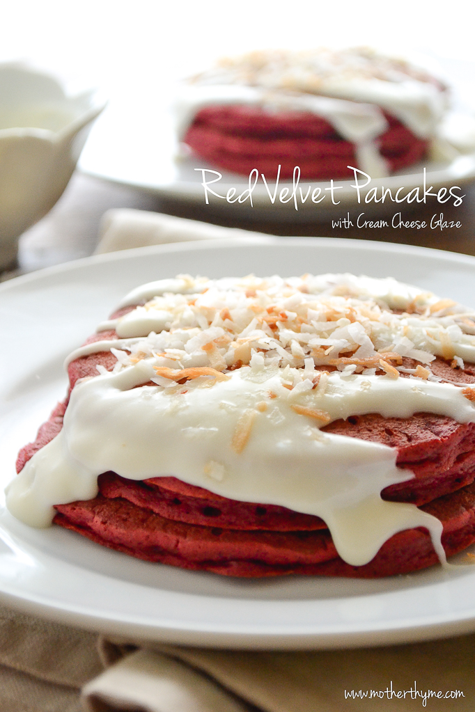 Red Velvet Pancakes with Cream Cheese Glaze | www.motherthyme.com