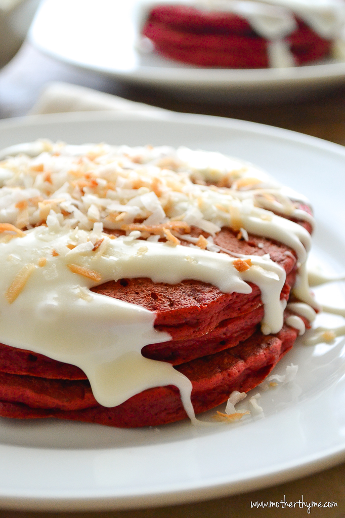 Red Velvet Pancakes with Cream Cheese Glaze | www.motherthyme.com