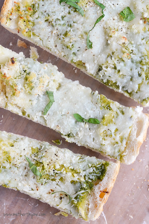 Cheesy Basil Pesto Garlic Bread | Mother Thyme 