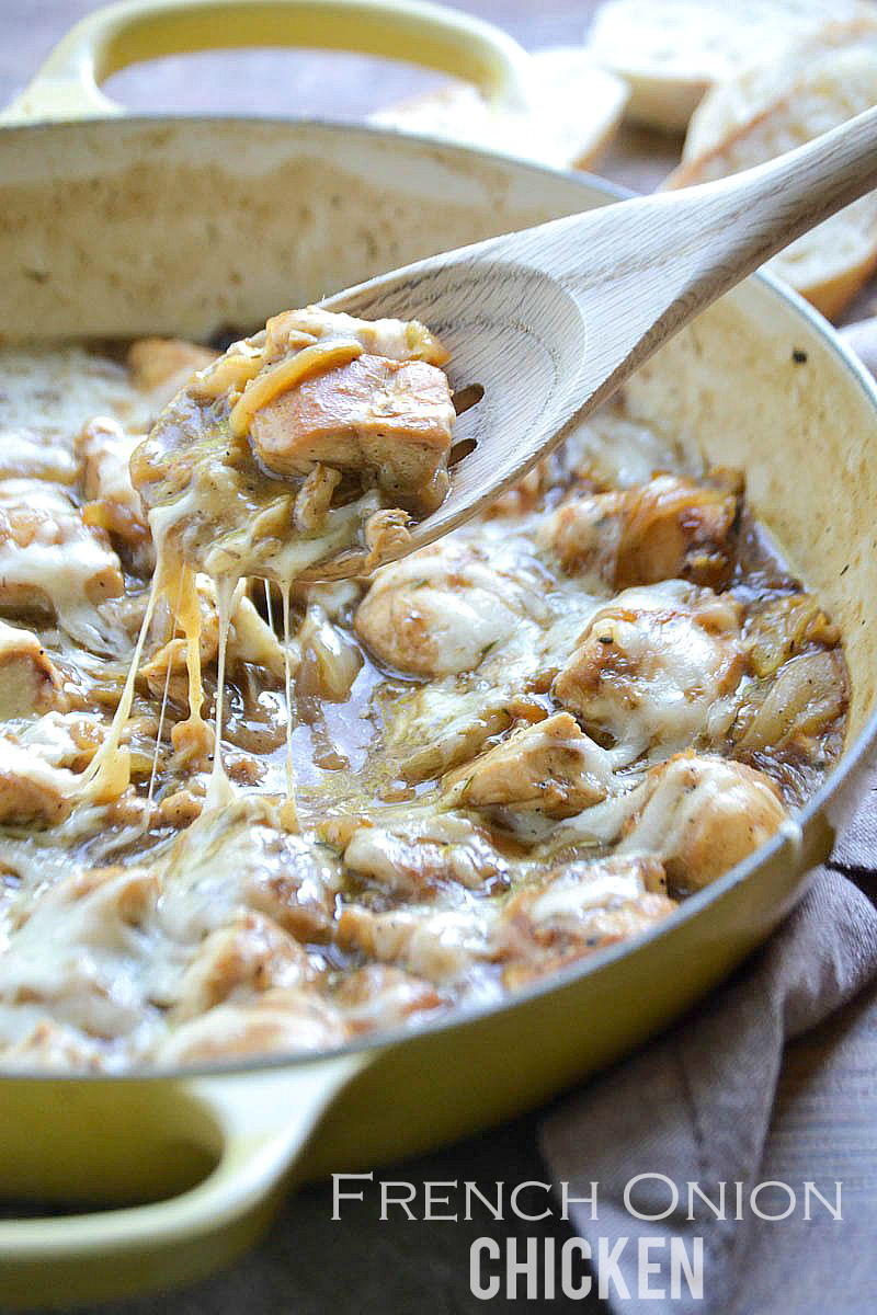 French Onion Chicken - Chunks of tender chicken tossed in a thick french onion gravy loaded with sautéed Vidalia onions and melted Swiss cheese.