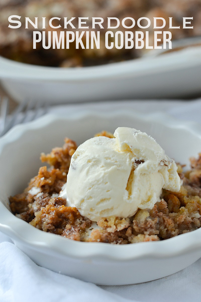 All the yummy flavors of fall come together in this super simple recipe for Snickerdoodle Pumpkin Cobbler made with a layer of sweet pumpkin topped with snickerdoodle cookie mix. | www.motherthyme.com