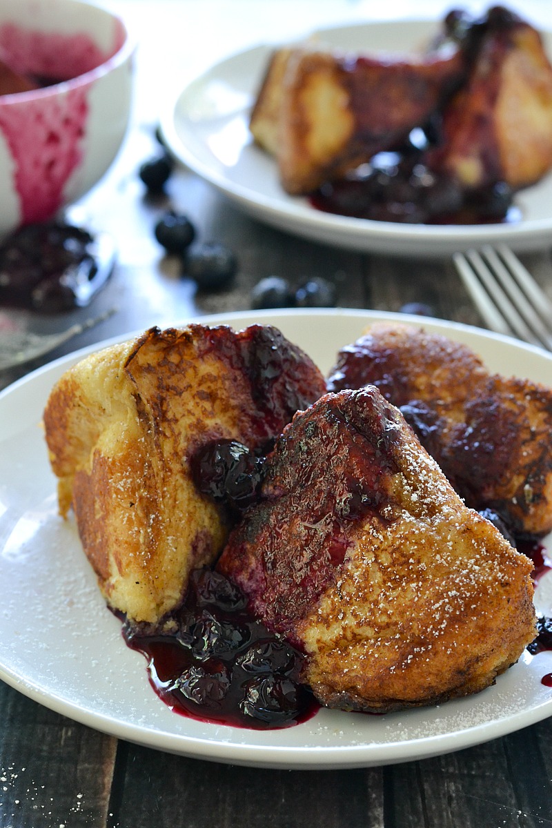 Angel Food Cake French Toast topped with a Blueberry Compote | www.motherthyme.com