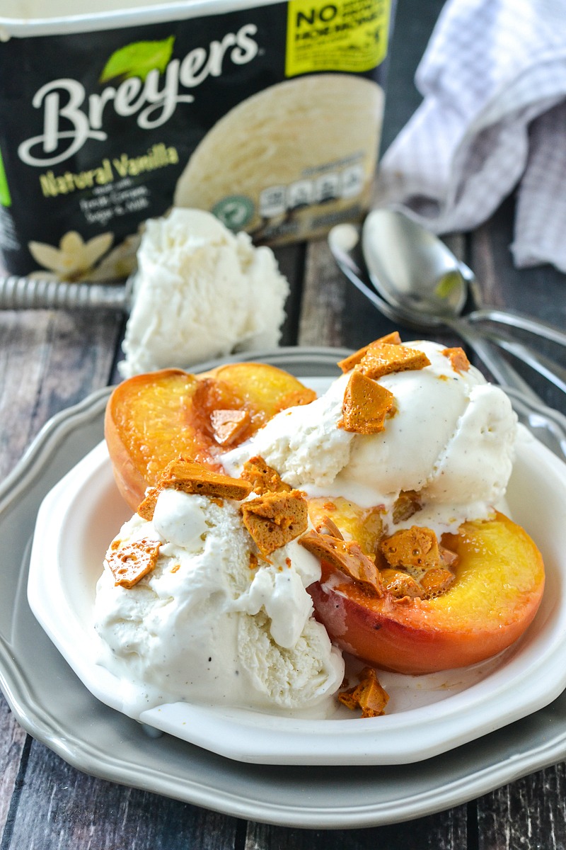 Roasted White Peaches with Honeycomb and Vanilla Ice Cream | www.motherthyme.com