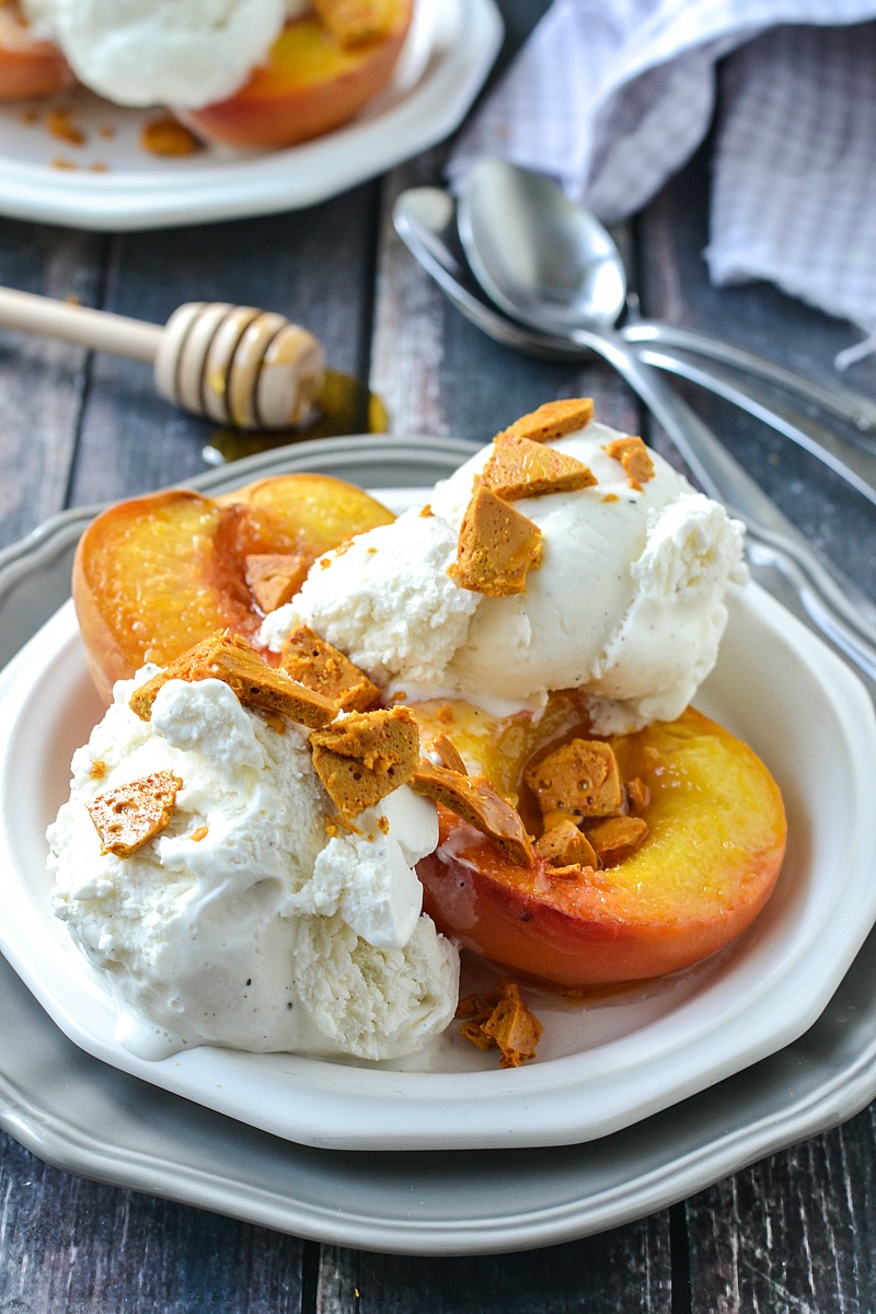 Roasted White Peaches with Honeycomb and Vanilla Ice Cream