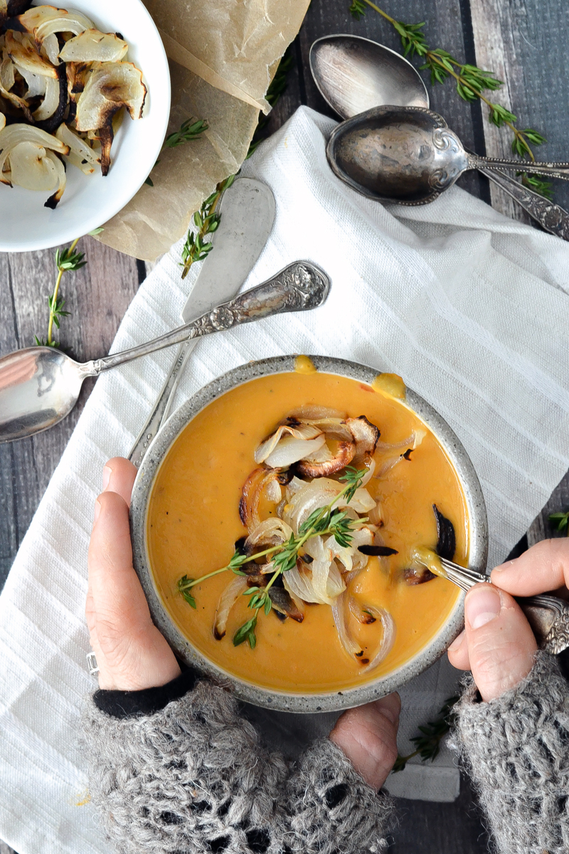Roasted Sweet Potato Soup with Caramelized Onions
