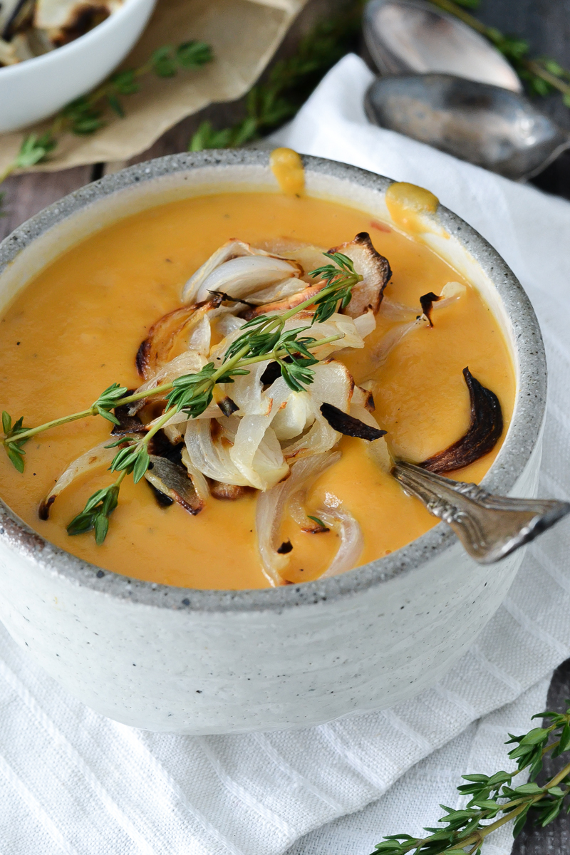 ROASTED SWEET POTATO SOUP WITH CARAMELIZED ONIONS
