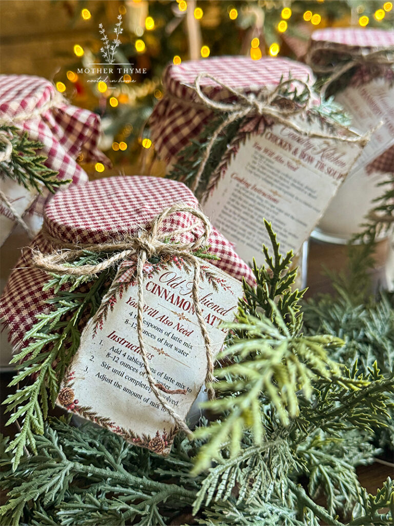 Country Christmas Gifts in a Jar + free printables tags www.motherthyme.com